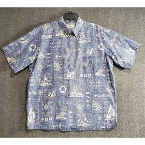 Reyn Spooner Hawaiian Shirt Mens XL Reverse Weave Pullover Blue Boat & Anchors